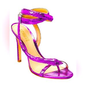 SCHUTZ Courtney High Couro Roxo Metallic Violet Embossed Sandals Shoes 7B